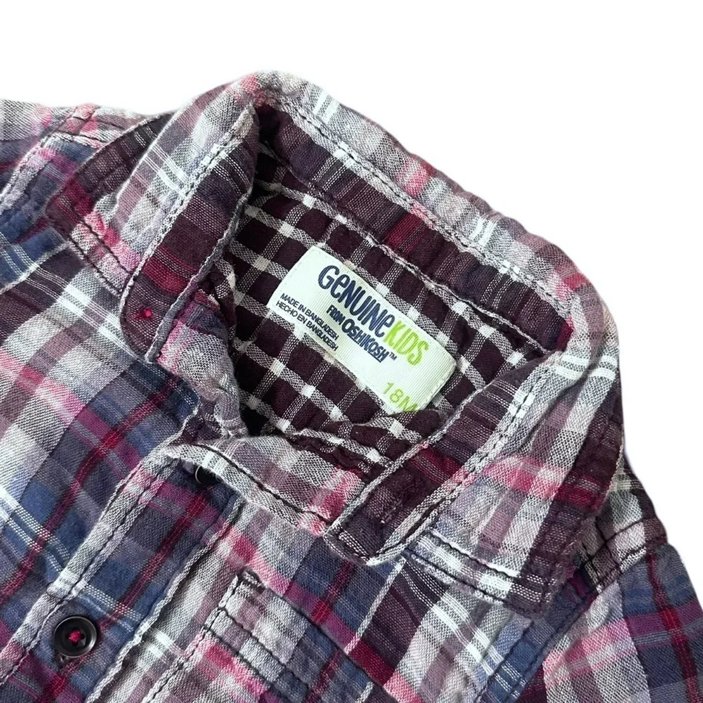 OshKosh B'Gosh 18m Boys Red Blue plaid long sleeve button down collared shirt